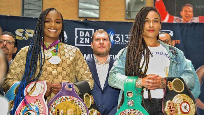 Claressa Shields and Hanna Gabriels press conference Shields and Gabriels set to do battle again, 5 years later. in Detroit, Michigan on May 19, 2023, (Dennis Mosley /Salita Promotions ) Shields and Gabriels set to do battle again, 5 years later. © Z News Inc.